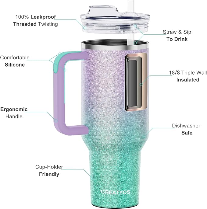 40 oz Tumbler with Handle and Straw Lid Insulated Tumblers Cups with Lids Straws Double Wall Vacuum Leak Proof Stainless Steel 40oz Tumbler Travel Mug Gifts for Men Women Him Her (Glitter)