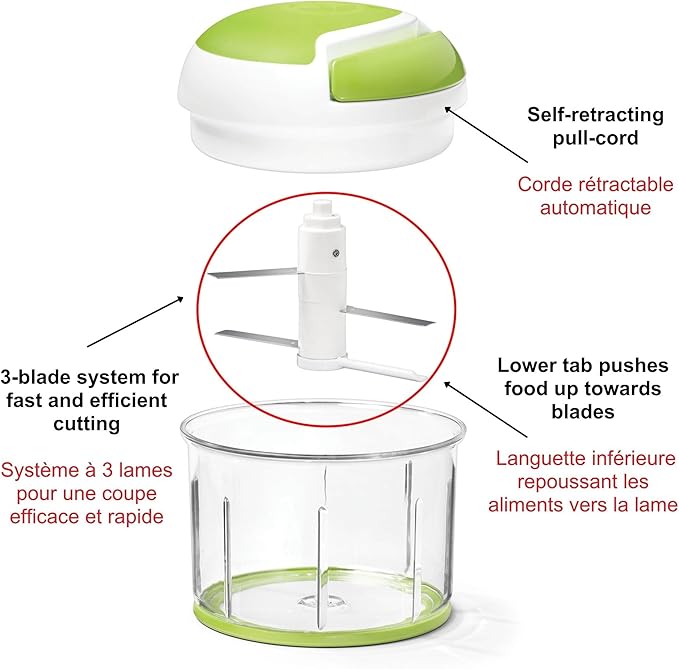 Starfrit Pull Chopper - Multi Purpose Manual Food Processor - Three Blade System for a Faster Cut - From Large Chunks to Purée - Self-Retracting Cord - Fruits, Vegetables, Meats and Crushes Ice