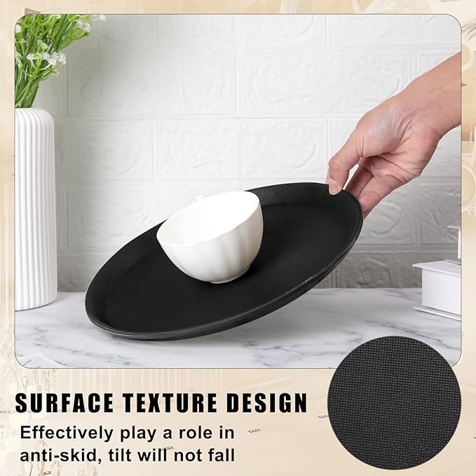 Zopeal 8 Pieces Black Round Restaurant Serving Tray, Plastic Non Slip Surface Food Meals Server Tray with Raised Edges for Home, Kitchen, Restaurant, Cafeteria, Bar (11")