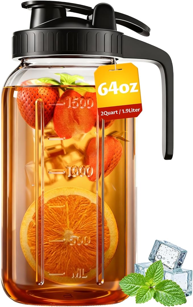64 oz Mason Jar Pitcher, 2 Quart Glass Water Pitcher with Lid, Airtight Seal for Great for Iced Tea, Juice, Milk, Coffee, Sun Tea, Lemonade, Set of 1(Black)