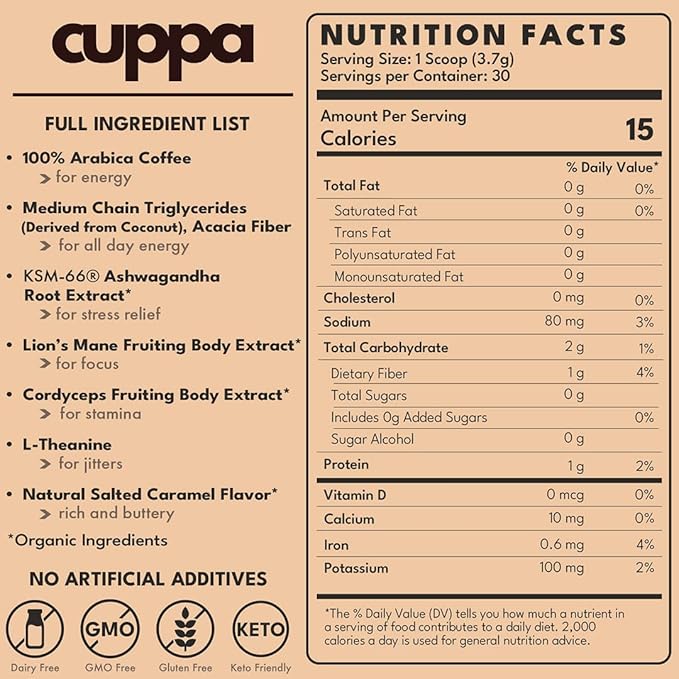 Cuppa Salted Caramel Healthy Mushroom Instant Coffee with Lion's Mane & Ashwagandha for All Day Energy & Focus - No Crash or Jitters - Nootropics for Brain Health, Gut Health, Immunity, Stress, Memory + Mood - 30 Servings