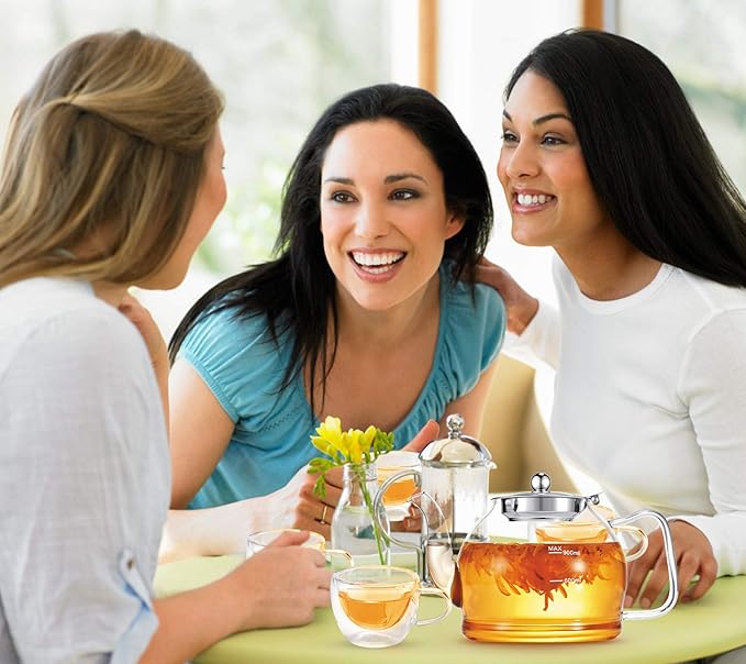 Tea Pot Set – 1200ml Glass Teapot with Removable Stainless Steel Infuser, and 4 Glass Teacups, Stovetop Safe Tea Kettle Gift Set, Blooming and Loose Leaf Tea Maker Set