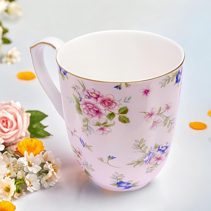 13oz Bone China Floral Mug with Gold Bone China Coffee Mugs Bone Teacup Christmas Mugs Birthday Gifts for Women Mom Friends Coworker