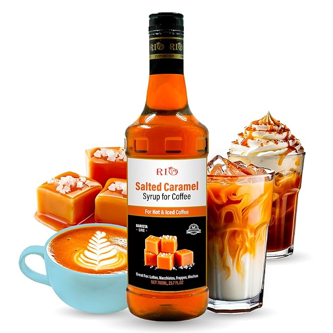 RIO Salted Caramel Coffee Syrup, Perfect for Hot or Iced Drinks & Desserts, Sweet & Salty Flavoring Sweetened with Pure Cane Sugar, Barista-Grade Flavor Syrups for Coffee Drinks at Home & Work - 700ml