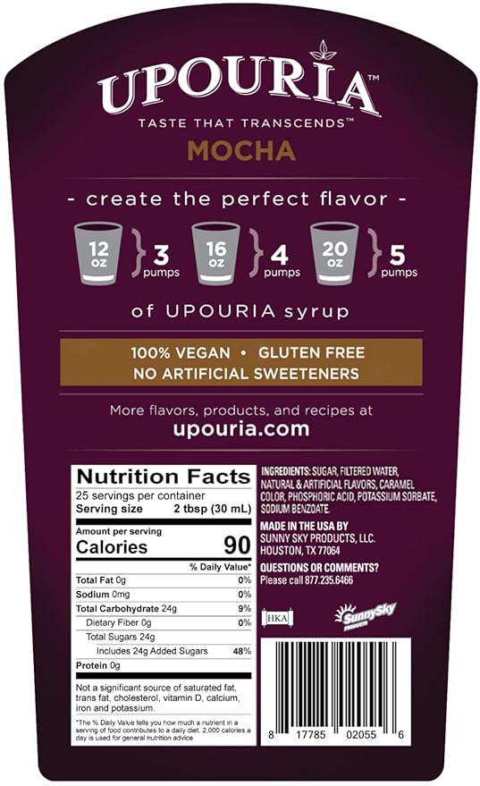 Upouria Mocha Coffee Syrup Flavoring, 100% Vegan, Gluten-Free, Kosher, 750 mL Bottle (Pack of 4) with 2 Syrup Pumps