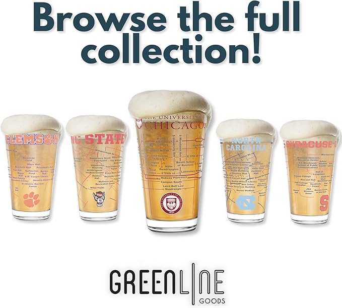 Greenline Goods – North Carolina College Pint Beer Glasses (Set of 2), 16 oz – Full‑Color Logo + Campus Map