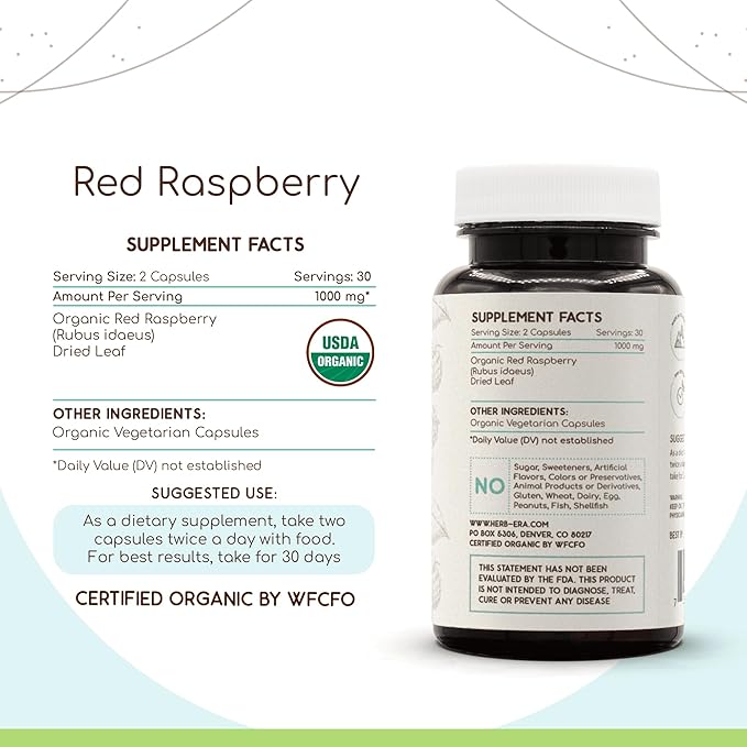 HerbEra Red Raspberry USDA Organic 60 Capsules | Natural Herbal Supplement | Certified Organic Vegetarian Capsules and Organic Red Raspberry (Rubus idaeus) Dried Leaf (60 Capsules)