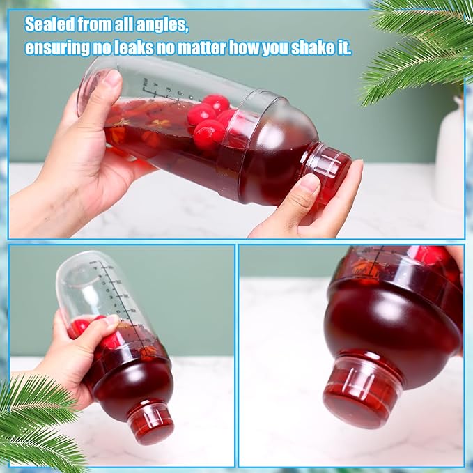 12 Pcs Plastic Cocktail Shaker with Scales and Strainer Top, Clear Drink Mixer Cup with Measurements for Tea, Coffee, Boba, and Milk, with 6 Cocktail Measuring Jiggers(700 Cc/ 24 oz)