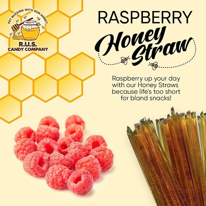 25 Pack Honey Sticks For Tea, Snacking, Honey Packets Single Serve Stir Sticks, Natural Flavor by R.U.S Candy Company- Honey Straws (Raspberry)
