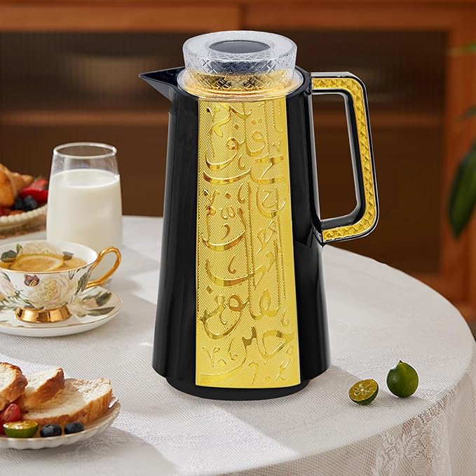 Arabic Style Insulated Coffee Carafe,33 oz,Vacuum Thermal Pot Double Wall Insulation with Lid Teapot,Keeping Hot/Cold,Tea, Water, and Coffee Dispenser,Housewarming Ornaments (Black and Gold)