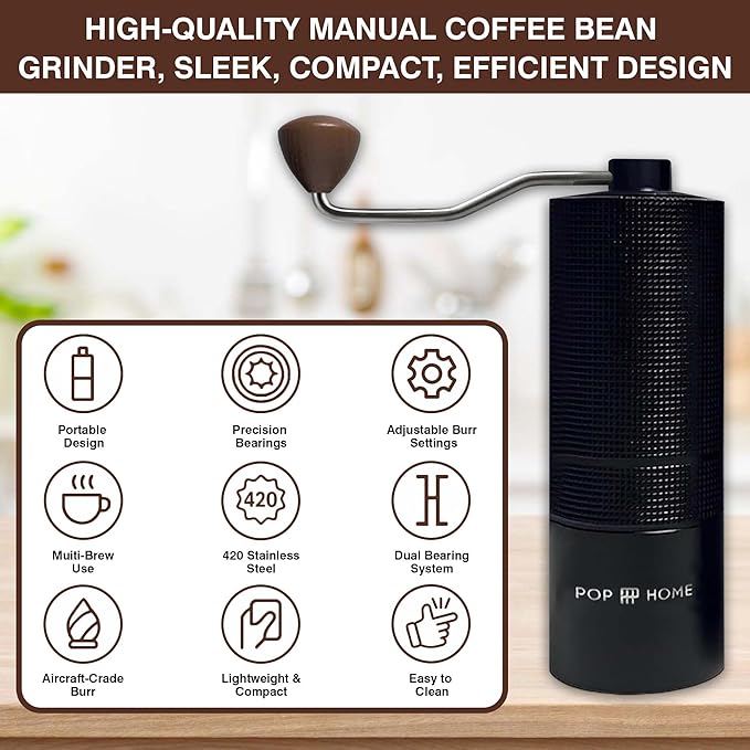 Manual Coffee Grinder - Stainless Steel Conical Burr Hand Mill for Espresso & French Press - Adjustable & Portable