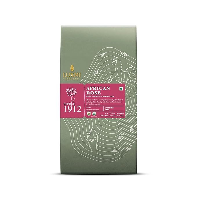 Luxmi Estates African Rose Organic Hibiscus Rose Tea (25 Tea Bags) Caffeine Free Tea Bags For Detox, Cleansing, and Digestion, With Certified Organic Herbal Tea