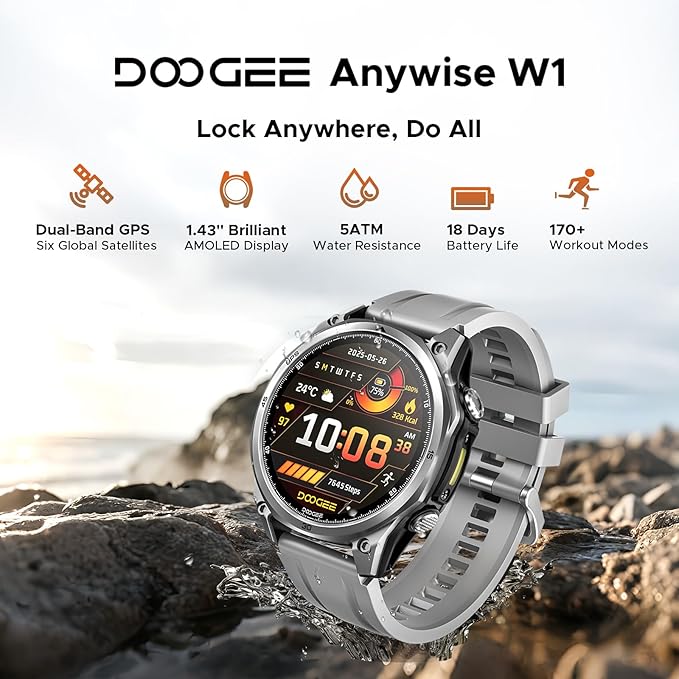 DOOGEE Anywise W1 Smart Watch 5ATM Waterproof Dual-Band GPS Fitness Tracker, 1.43'' AMOLED Screen Men Watches for Android and iPhone, 170+ Sports Modes, Bluetooth Call/18 Days Battery/2 Straps