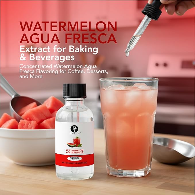 Dolce Flav Natural Watermelon Agua Fresca Extract, Water-Soluble – 2 oz | Fresh Juicy Watermelon Flavoring for Beverages, Desserts & Syrups – Sugar-Free, Kosher, Allergen-Free