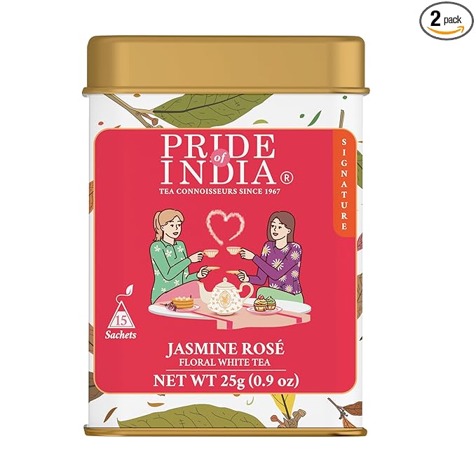 Pride of India | PACK of 2 - Jasmine Rose Royal White Tea | 15 Pyramid Full Leaf Individually Wrapped Tea Bags | Smooth & Sweet Flavor | Soothing & Calming Experience | Less Caffeine