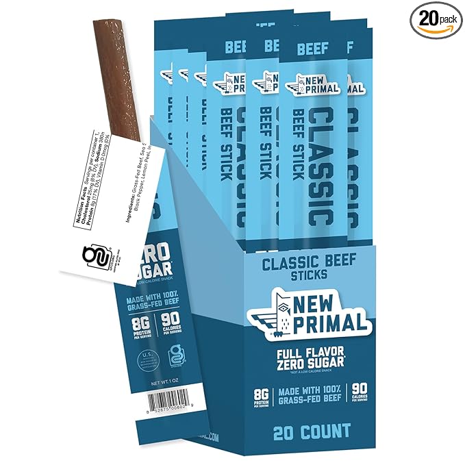 The New Primal Grass Fed Beef Sticks, Keto, Gluten Free Healthy Snacks for Adults, Sugar Free Low Carb High Protein Snack, Paleo Whole30 Jerky Meat Stick, 8g Protein, 90 Calories, 20 Pack
