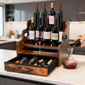 3-Tier Liquor Bottle Display Shelf with Drawers- Holds 12 Bottles & 36 K-Cups, Countertop Wine Rack, Coffee Syrup Rack, for Mini Bar, Whiskey, Spice Rack