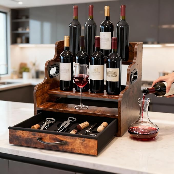 3-Tier Liquor Bottle Display Shelf with Drawers- Holds 12 Bottles & 36 K-Cups, Countertop Wine Rack, Coffee Syrup Rack, for Mini Bar, Whiskey, Spice Rack