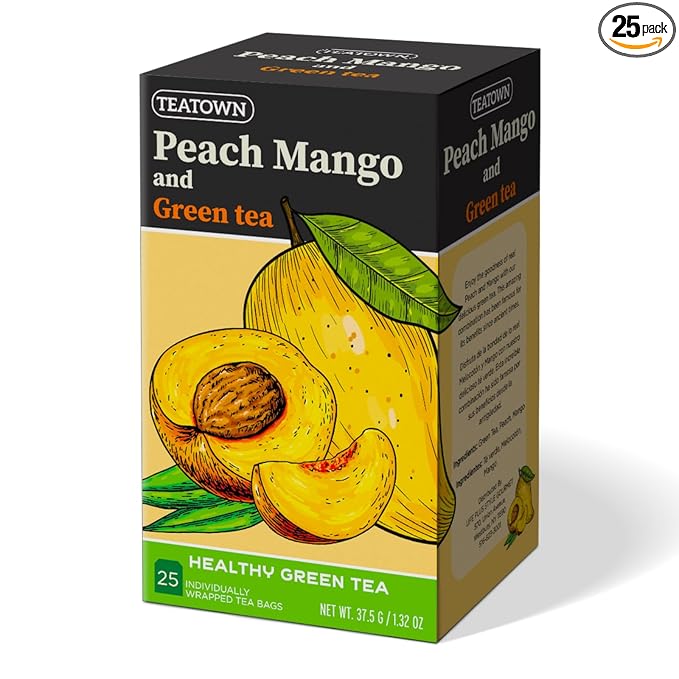 Life Plus Style Gourmet Tea Town Peach Mango Green Tea 25 Individually Wrapped Tea Bags Refreshing Fruity Mango Blend Antioxidant-Rich & Naturally Sweetened Green Tea Hot or Iced Tea Gift for Women & Tea Lovers