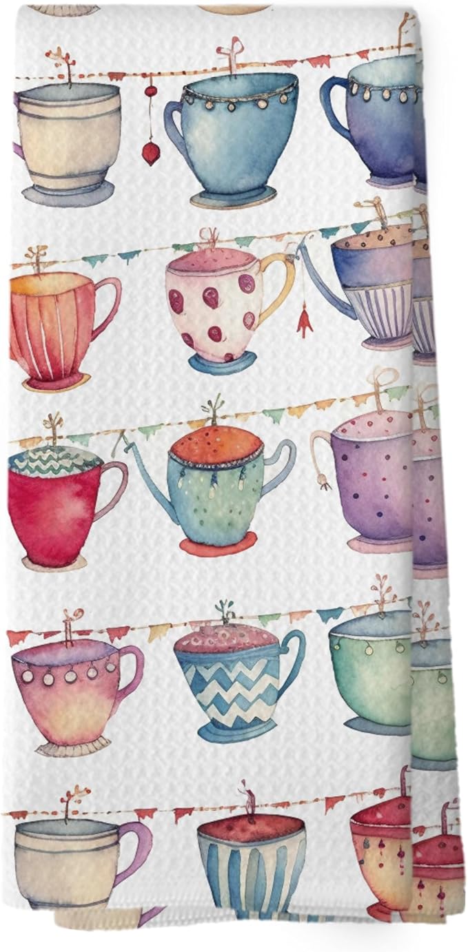 Colorful Teacups Kitchen Dish Towels, Tea Lovers Gifts for Women Girls, Tea Time Watercolor Coffee Mugs Cups Hand Towels Kitchen Tea Towels Decorations, 16x24inch