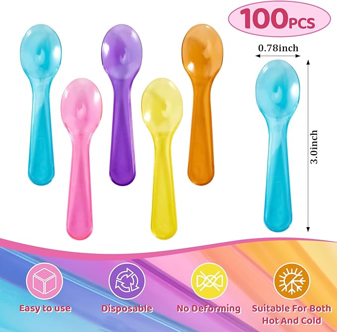Mini Spoons - 100PCS Tasting Spoons Plastic Disposable Cutlery Small Spoon For Tasting Ice Cream Cake Jelly Pie Yogurt Dessert For Party Celebrations Multi-Color