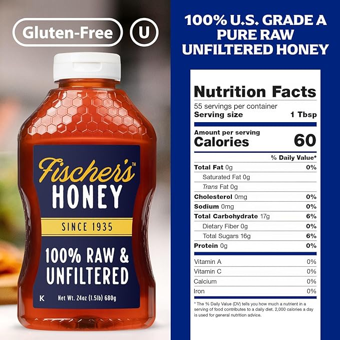 Fischer's 100% Pure, Raw & Unfiltered Honey, 24 oz – All-Natural Sweetener – Rich Flavor Profile, Packed with Nutrients