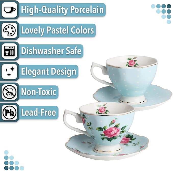 BTaT- Floral Tea Cups and Saucers, Set of 2, 8oz, with Gold Trim, Coffee Cups, Floral Tea Cup Set, British Tea Cups, Porcelain Tea Set, Tea Sets for Women