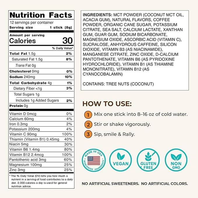 Rally Reset Instant Coffee Packets – Salted Caramel Latte Mix with MCT Oil, Caffeine, Vitamin B12 & Vitamin C – Functional Single-Serve Coffee Sticks, Low Sugar | 36 Sticks