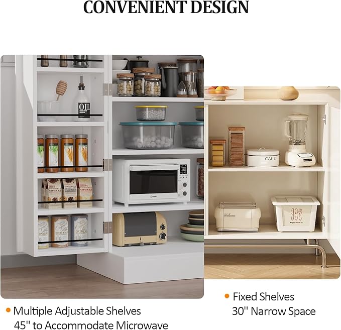 VINGLI Pantry Cabinet, 40.5" H Food Storage Freestanding Cupboard for Small Space in Dining Room, Living Room, White Kitchen Storage Cabinet with 2 Doors and Adjustable Shelves