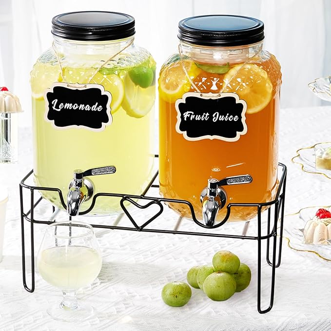 1 Gallon Glass Drink Dispensers for Parties, Beverage Dispenser with Stand and Fruit Infuser, Glass Lemonade Dispenser with Stainless Steel Spigot for Kombucha, Sun Tea, Juices, BBQ, Weddings