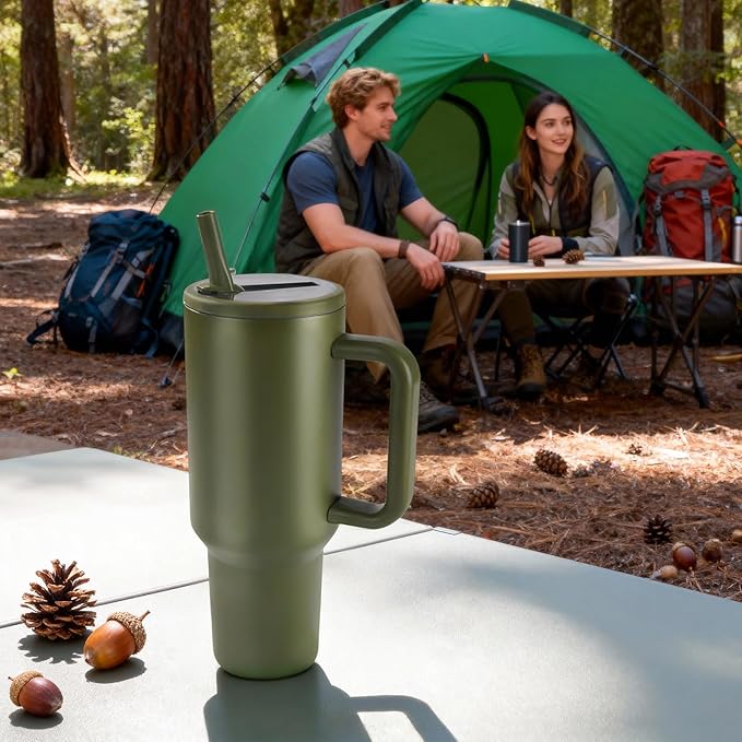 40 oz Insulated Tumbler with Handle,Flip Straw,Lid & Rubber Base Stainless Steel Water Bottle - Leak Proof Vacuum Insulated Mug BPA Free Reusable Travel Cup Gifts for Women/Men (dark green 40oz)