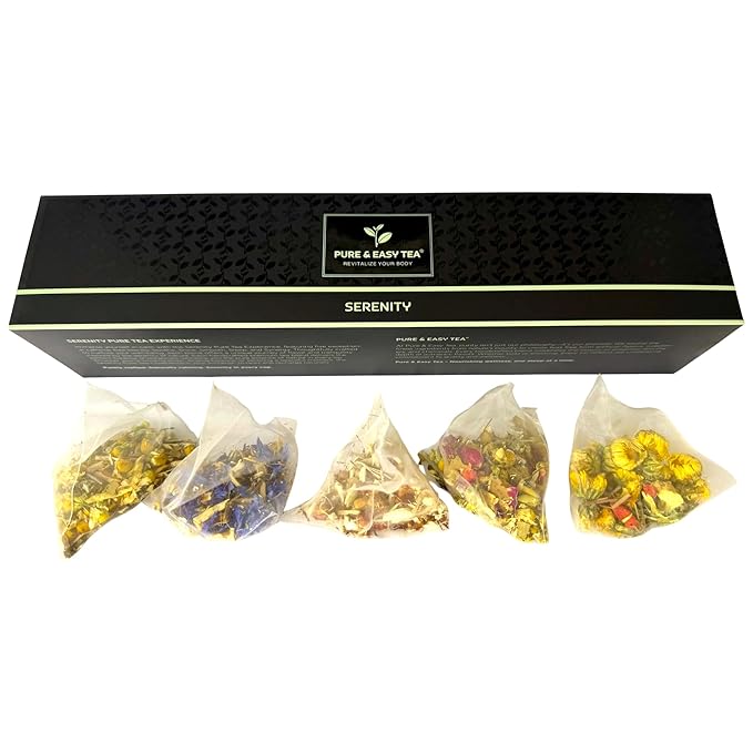 Pure And Easy Tea, Serenity Herbal Tea Sampler, 15 Count Caffeine-Free Variety, Whole-Leaf Herbal Blends in BPA-Free Plant-Based Tea Bags, Premium Wellness Gift Box (49.5g)