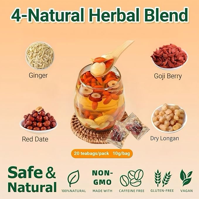 Eastrue Ginger Jujube Tea for Women-Traditional Chinese Herbal Tea Blend Ginger Root,Red Dates,Goji Berry,Longan, Sweet & Spicy,Caffeine Free Tea,Organic,Non-GMO,100% Natural (200g/20Bags)