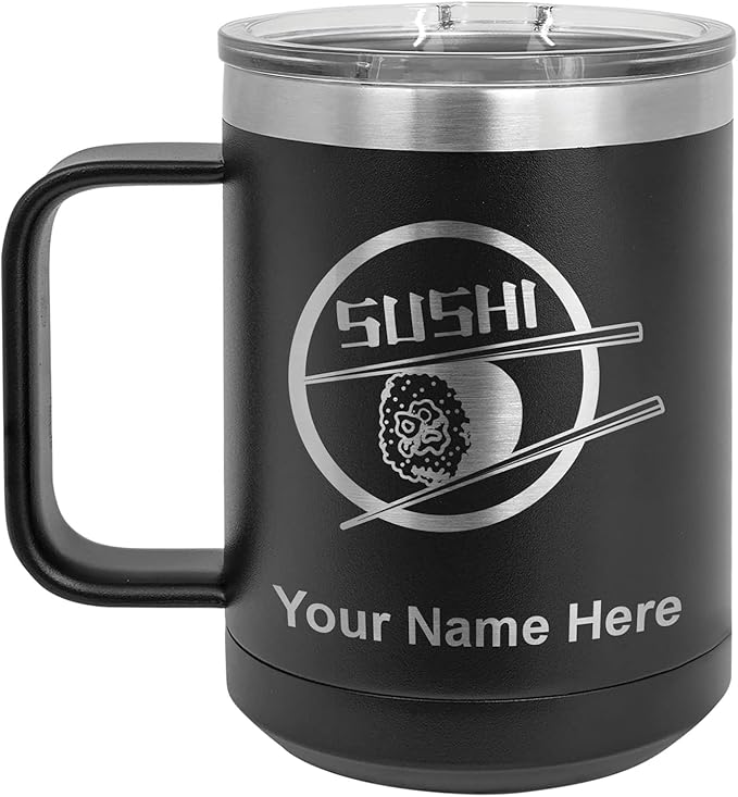 LaserGram 15oz Vacuum Insulated Coffee Mug, Sushi, Personalized Engraving Included (Black)