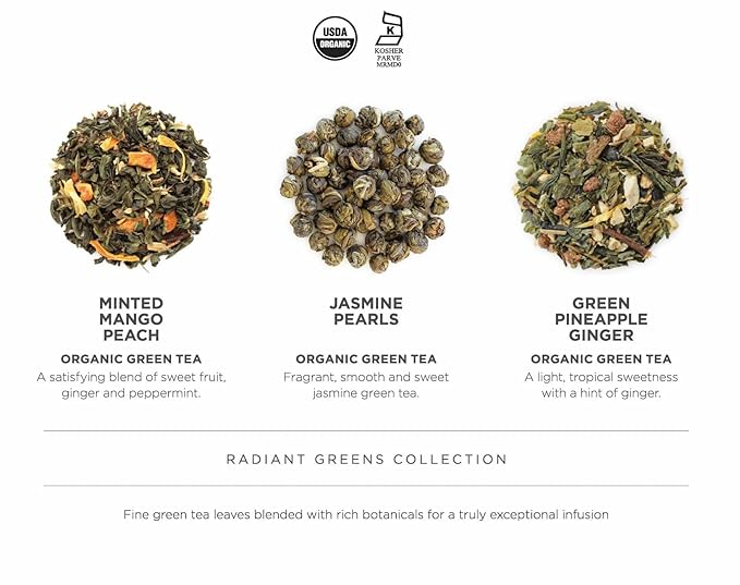 Teabloom Radiant Greens – Organic Green Tea Sampler with 12 Plant-Based Pyramid Sachets, Jasmine Pearls, Minted Mango Peach & Pineapple Ginger, Gift-Ready Presentation Box for Tea Lovers