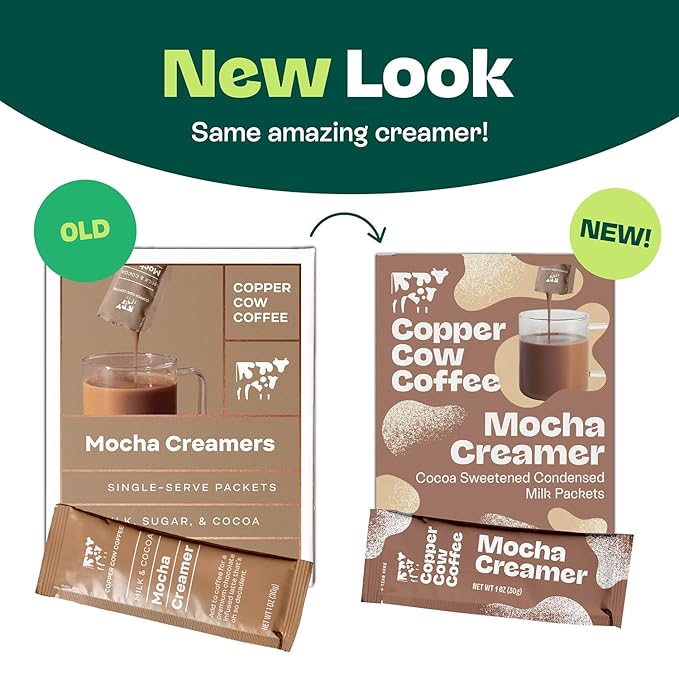 Copper Cow Coffee Sweetened Mocha Milk Creamer Singles (24 pack) | Vietnamese Inspired Coffee Creamer, All Natural Creamer Packets for Pour Overs & Lattes | No Refrigeration Needed, Travel Friendly