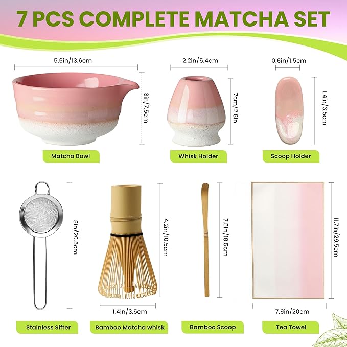 Matcha Whisk Set, Ceramic Matcha Kit Desert Style, Matcha Whisk and Bowl, Bamboo Scoop and Rest, Sifter and Tea Towel, 7 Pcs Gifts for Matcha Lover - Pink