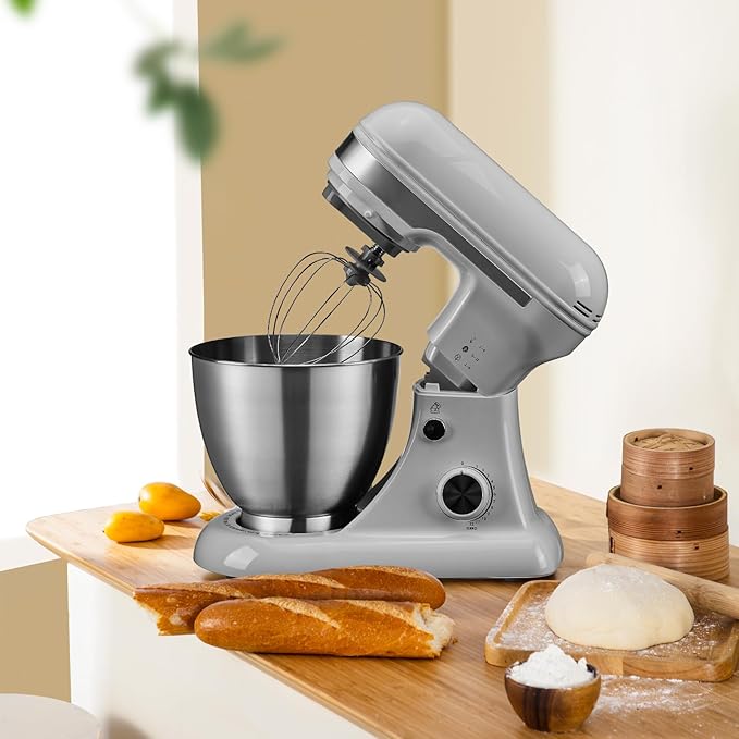 4.8QT Stand Mixer, 12-Speed Electric Kitchen Mixer with Tilt-Head, Stainless Steel Bowl, Egg Whisk, Dough Hook & Beater – Lightweight, Compact for Small Kitchens,Light Gray