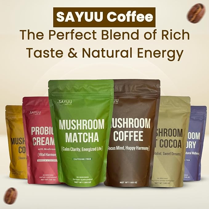 SAYUU Mushroom Coffee Blend – Focus, Energy & Harmony – Vegan, Functional Mushrooms, Cordyceps, Lion’s Mane & Reishi –Dietary Supplement - 30 Servings
