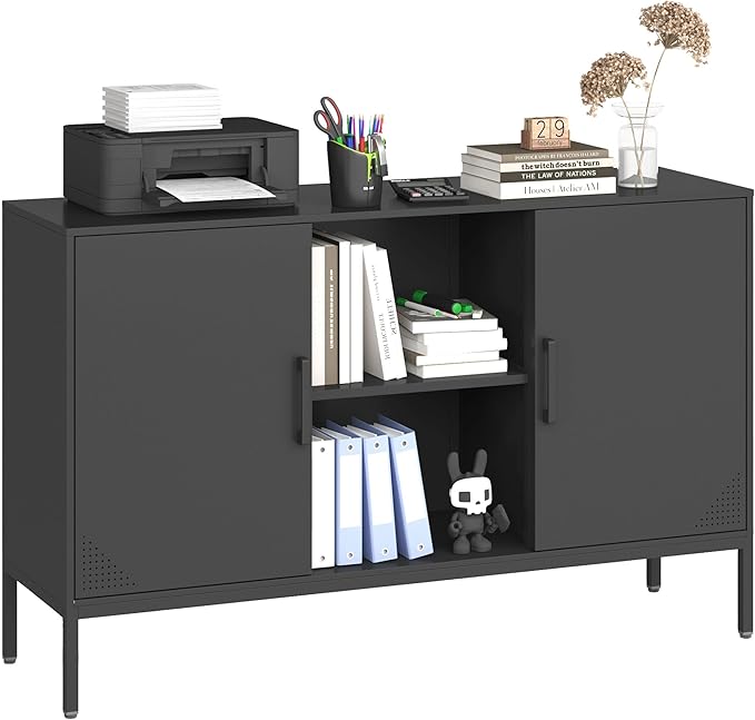 Metal TV Cabinet with Doors and Shelves Modern Metal Storage Cabinet Coffee Bar TV Stand 2 Door Locker for Office Living Room Kitchen (Black, 47.24" D x 13.78" W x 29.53" H)