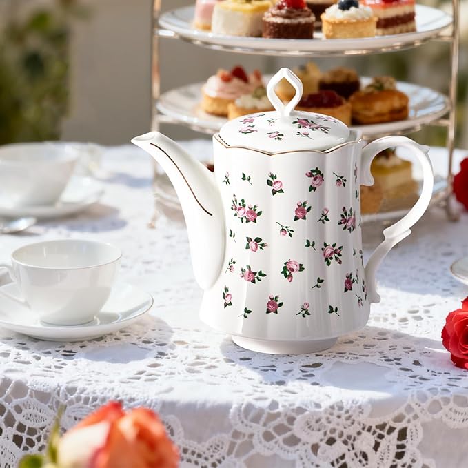 Vintage Floral Tea pot with Infuser, 33oz, Ceramic Teapot with Tea Strainers for Loose Leaf Tea, Rose Teapots for Tea Party