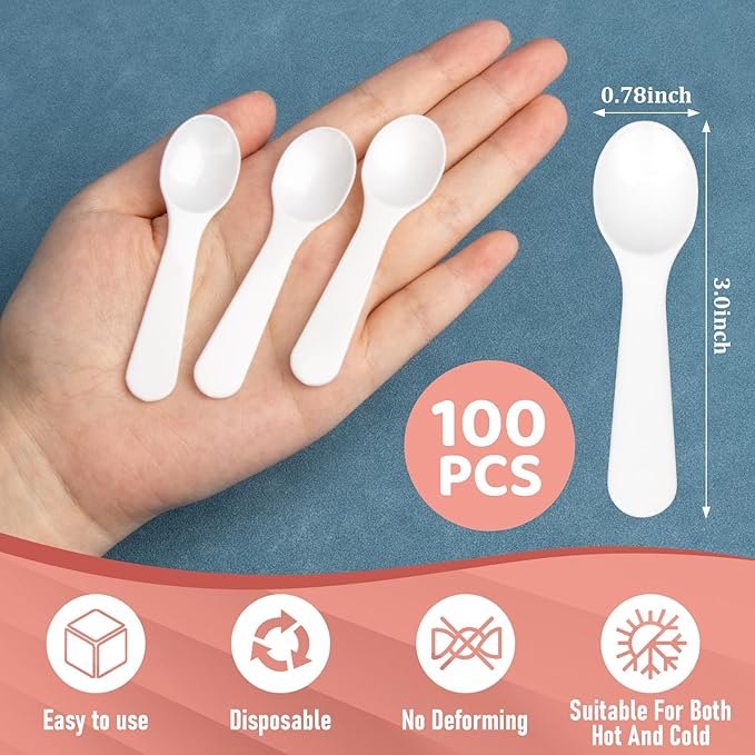 Mini Spoons - 100 Pcs Dessert Spoons Plastic Disposable Cutlery Small Plastic Spoons For Ice Cream Cake Jelly Pie Yogurt Dessert For Party Celebrations (100, WHITE)