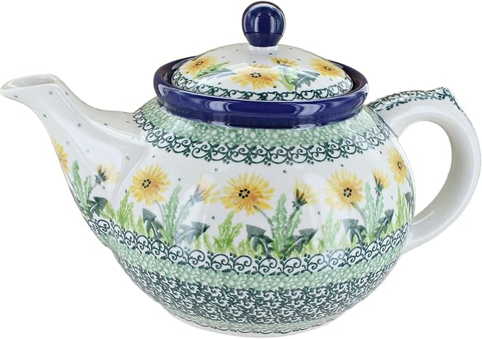 Blue Rose Polish Pottery - Yellow Dandelion Medium Teapot - 4 Cup Capacity - Hand-Painted Polish Pottery Ceramic Coffee & Tea Server