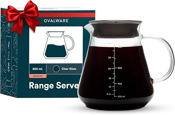 Glass Range Coffee Server For Pour Over Coffee & Tea - 800ml/27oz Ovalware Microwave Safe & Heatproof 2.5mm Thick Glass Body
