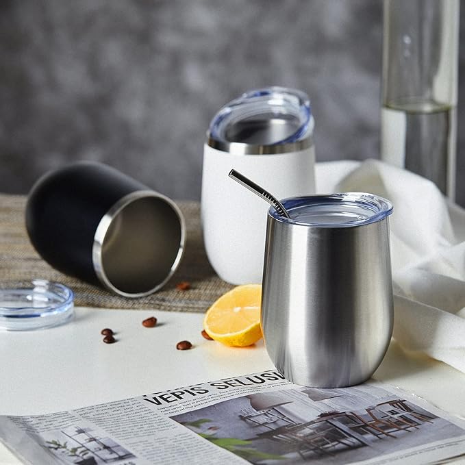 COMOOO Stainless Steel Wine Tumbler with Lid and Straw 12oz Double Wall Vacuum Insulated Travel Tumbler Cup for Coffee, Wine, Cocktails, Champagne (Black White Silver and Rose Gold,6 Pack)