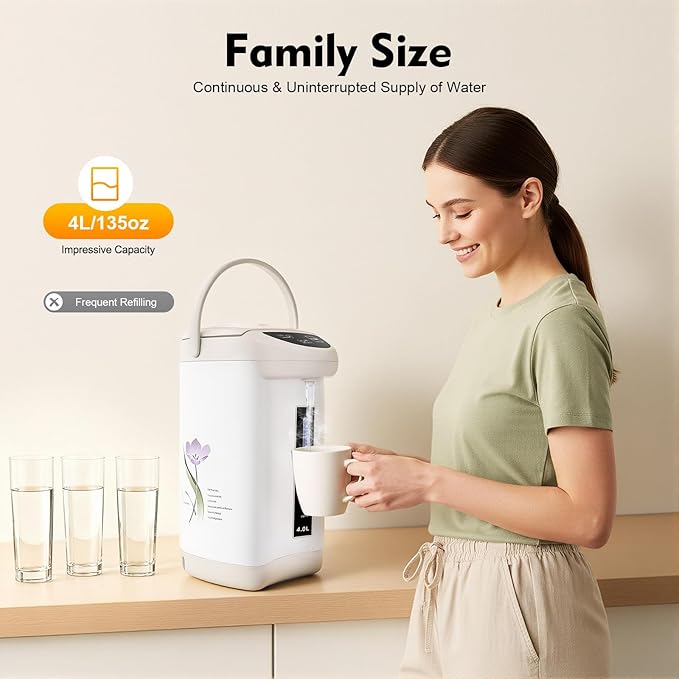 4L Electric Kettle, 135OZ Hot Water Urn Pot Dispenser Electric Tea Coffee Kettle with 3 Water Dispensing Modes, 750W Stainless Steel Boiler Warmer for Home Kitchen (White)