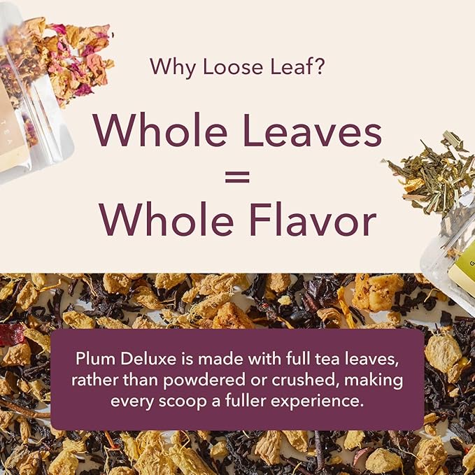 Herbal Tea Sampler – 5 Caffeine-Free Loose Leaf Blends for Sleep and Relaxation, Fruity and Dessert-Inspired Flavors, 75 to 100 Cups – Handcrafted in USA – Plum Deluxe