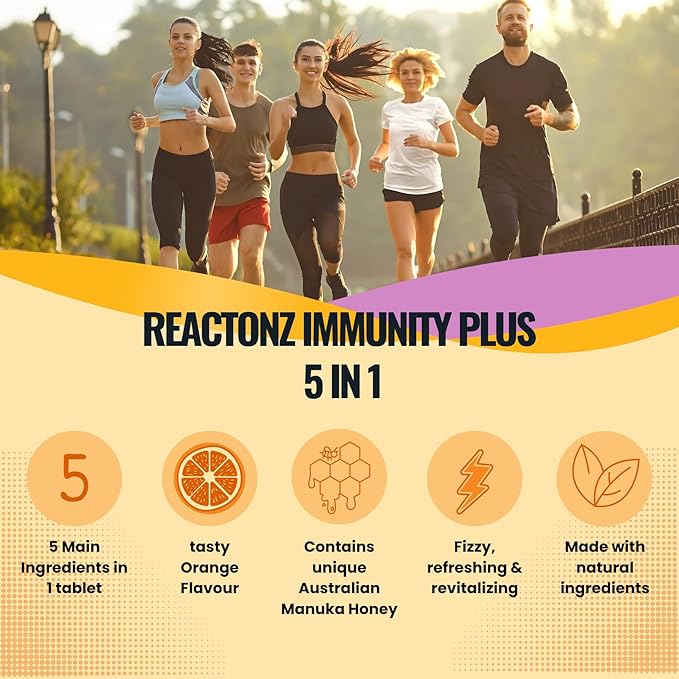 5 in 1 Immunity Plus – Immune Support & Antioxidant Supplement – Vitamin C, Zinc, Manuka Honey, Rosehip & Propolis – Natural Zesty Orange Flavor – 20 Day Supply Effervescent Tablets