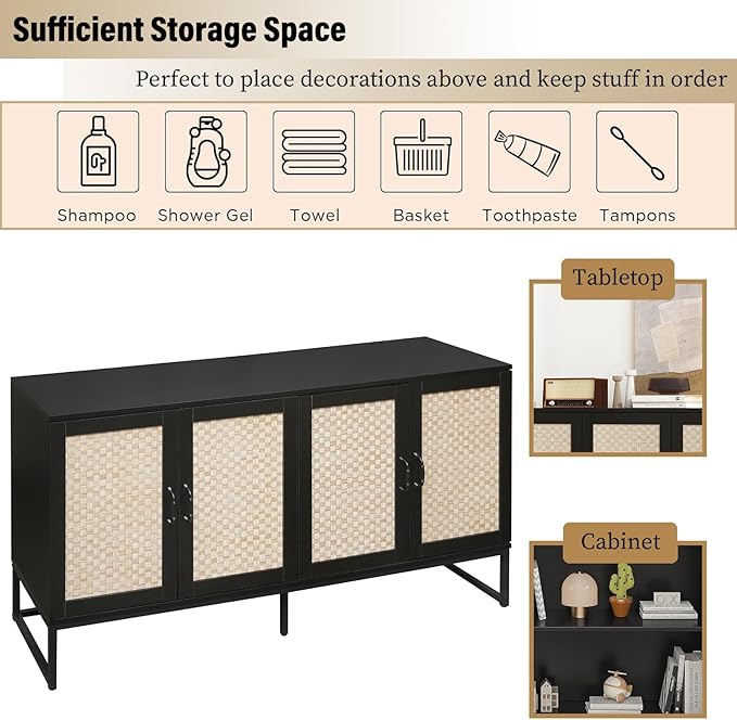 Kitchen Buffet Cabinet with 4 Rattan Decorated Doors, 59" Boho Cupboard with Metal Feet, Accent Buffet Console Storage Credenza for Living Room, Dining Room, Hallway, Office, Black