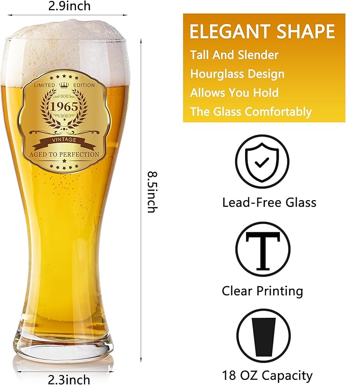 60th Birthday Beer Glasses Gifts, Personalized '1965' Vintage Glass Ware Set for Men, Black Gift Package with Drinking Glass, Coaster, and Card for 60 Years Old Man